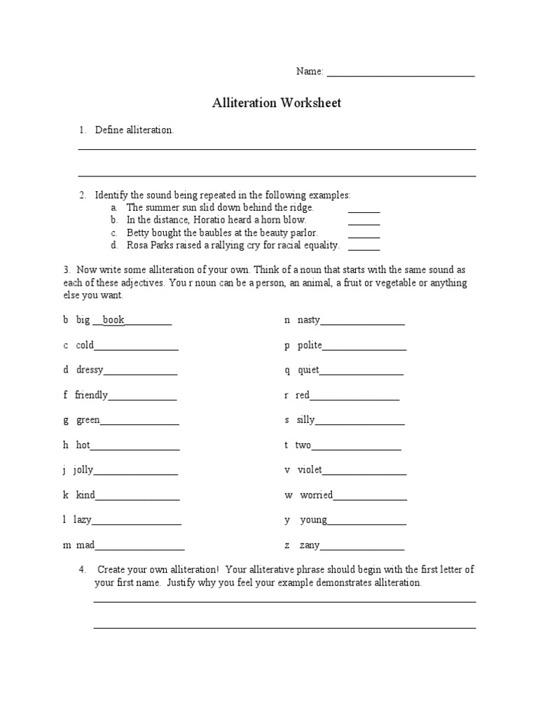 Alliteration Worksheet for Grades 2-4 | PDF