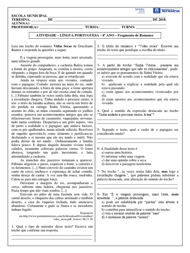 Trecho De Romance Para Interpretação Com Gabarito