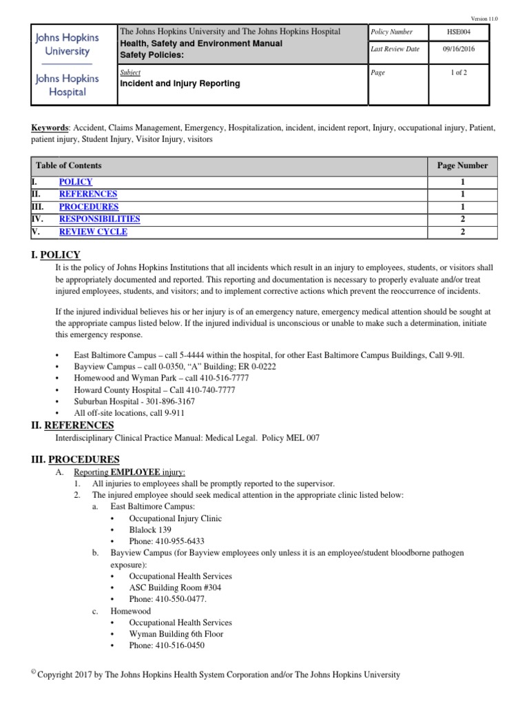 Patient Injury Incident Report | PDF | Johns Hopkins University | Emergency