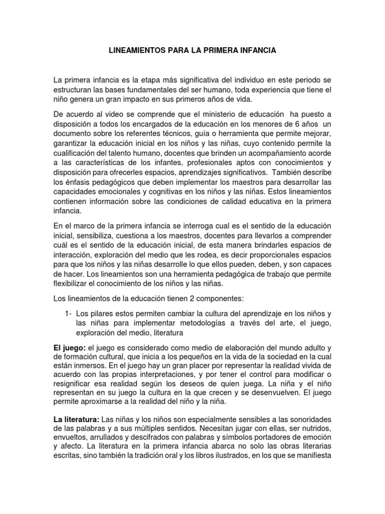 Lineamientos para la Primera Infancia | PDF | Educación de la primera ...