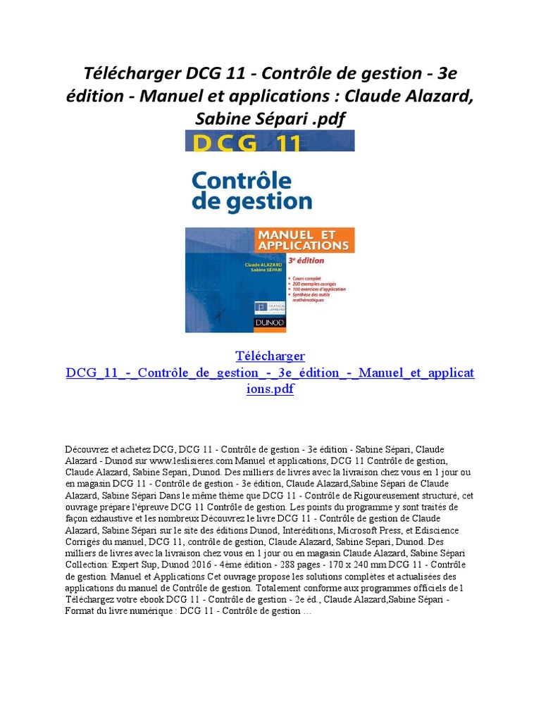 Dcg 11 Dunod Corrigé Du Manuel Pdf DCG 11 - Contrôle de Gestion - 3e Édition - Manuel Et Applications PDF | PDF