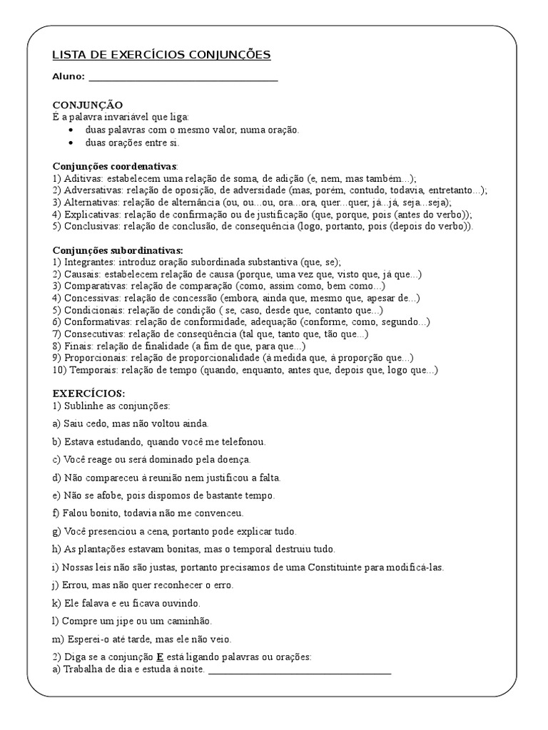 Exercícios de Conjunções | Idiomas