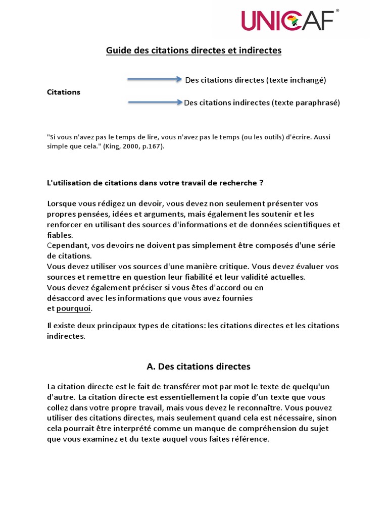 Guide Des Citations Directes Et Indirectes De L Unicaf Pdf Guillemet