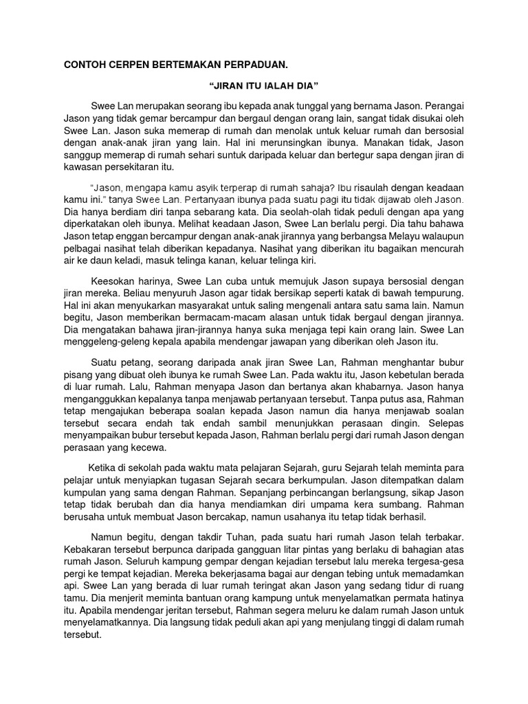 Contoh Cerpen Bertemakan Perpaduan