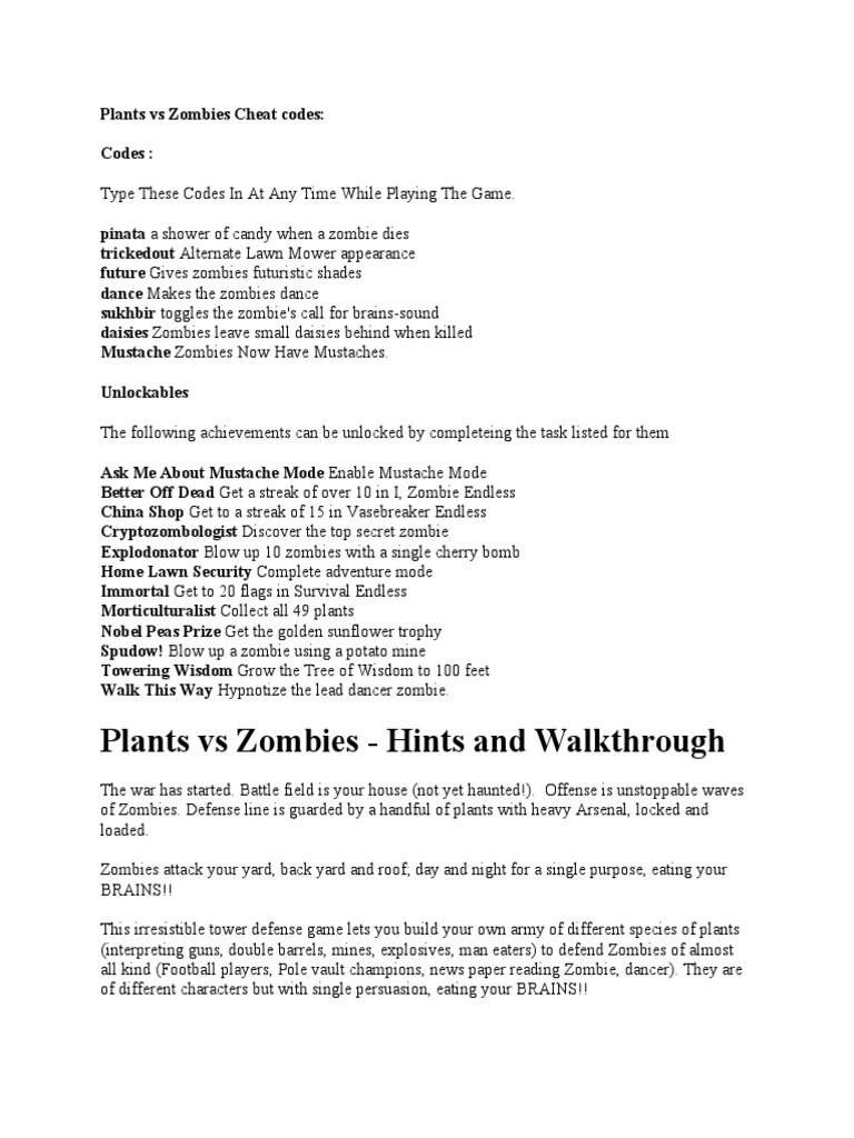 Plants Vs Zombies Cheat Codes PDF Zombies