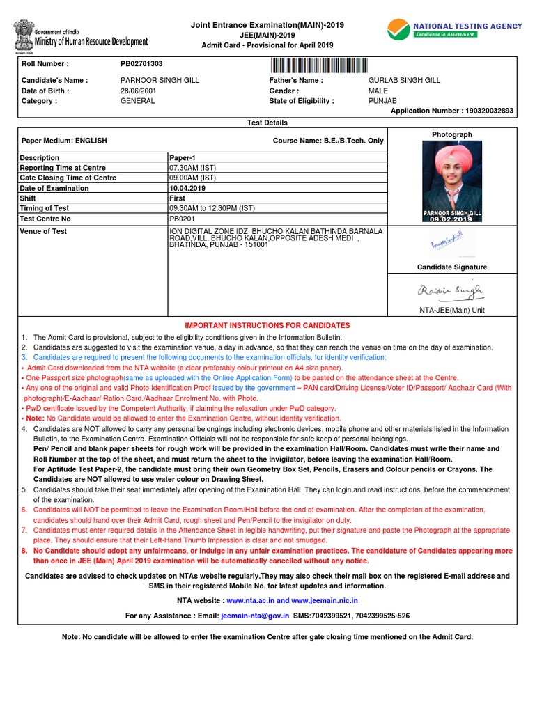 AdmitCard 190320032893 | PDF | Identity Document | Government And ...