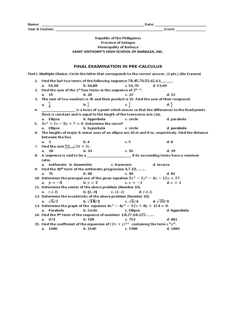 Final Exam PreCalculus PDF Ellipse Analytic Geometry