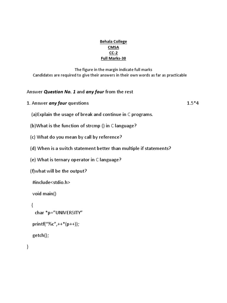 C programming questions and answers | PDF | C (Programming Language ...