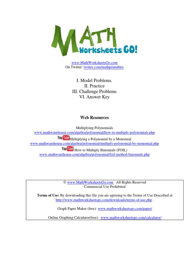 Multiplying Monomials With Polynomials Worksheet  PDF With Regard To Multiplying Polynomials Worksheet 1 Answers