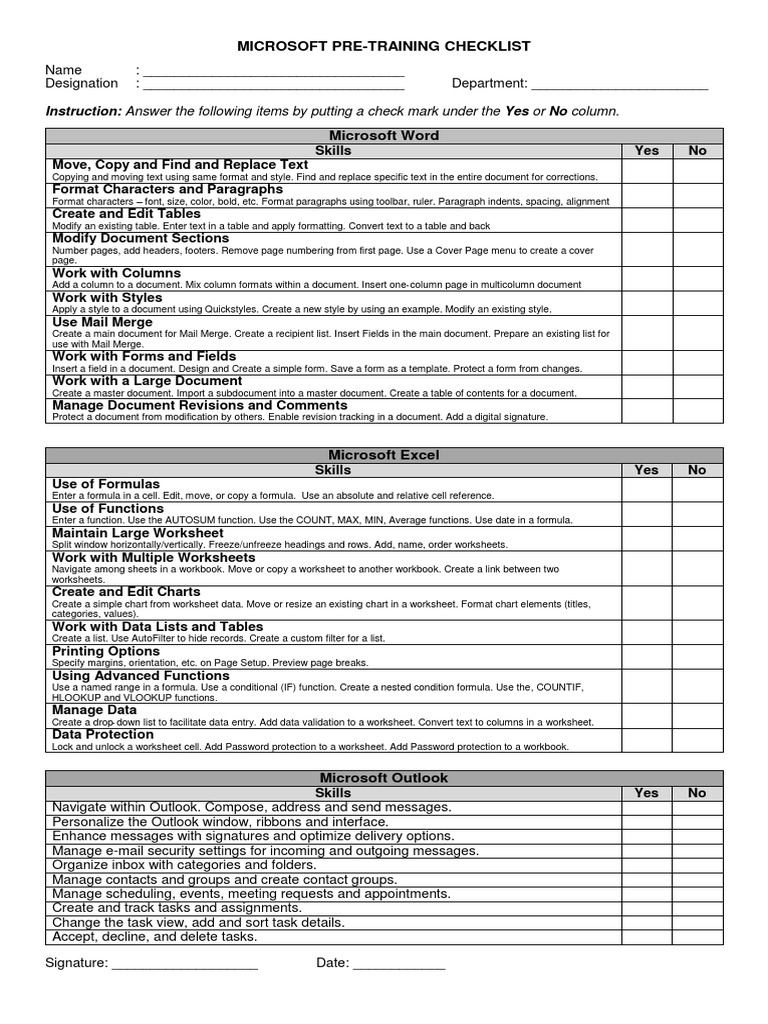 Microsoft Office Pre-Training Checklist | PDF | Microsoft Outlook ...