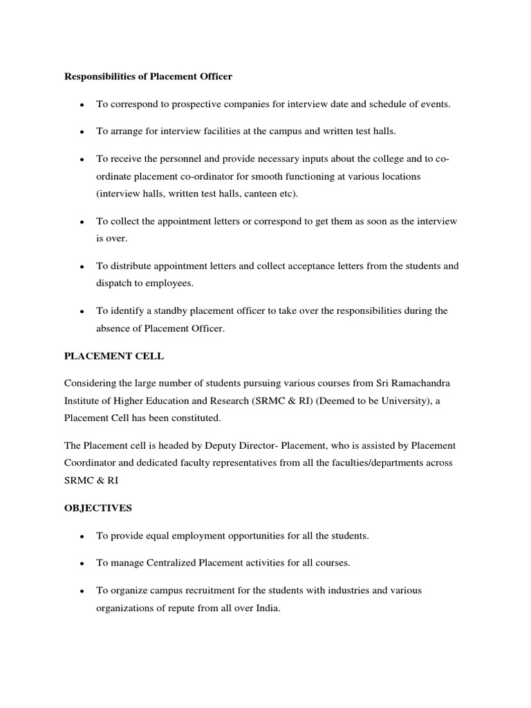 Responsibilities of Placement Officer PDF Recruitment Test (Assessment)