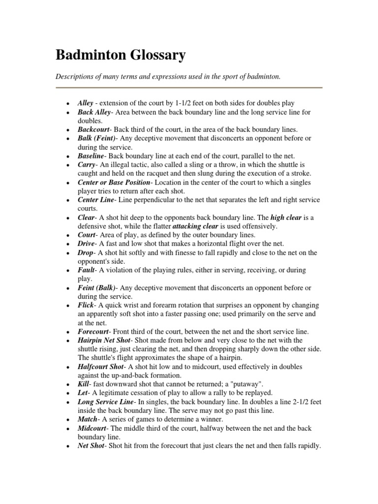 Badminton Glossary Descriptions of Many Terms and Expressions Used in The Sport of Badminton PDF Sports Athletic Sports