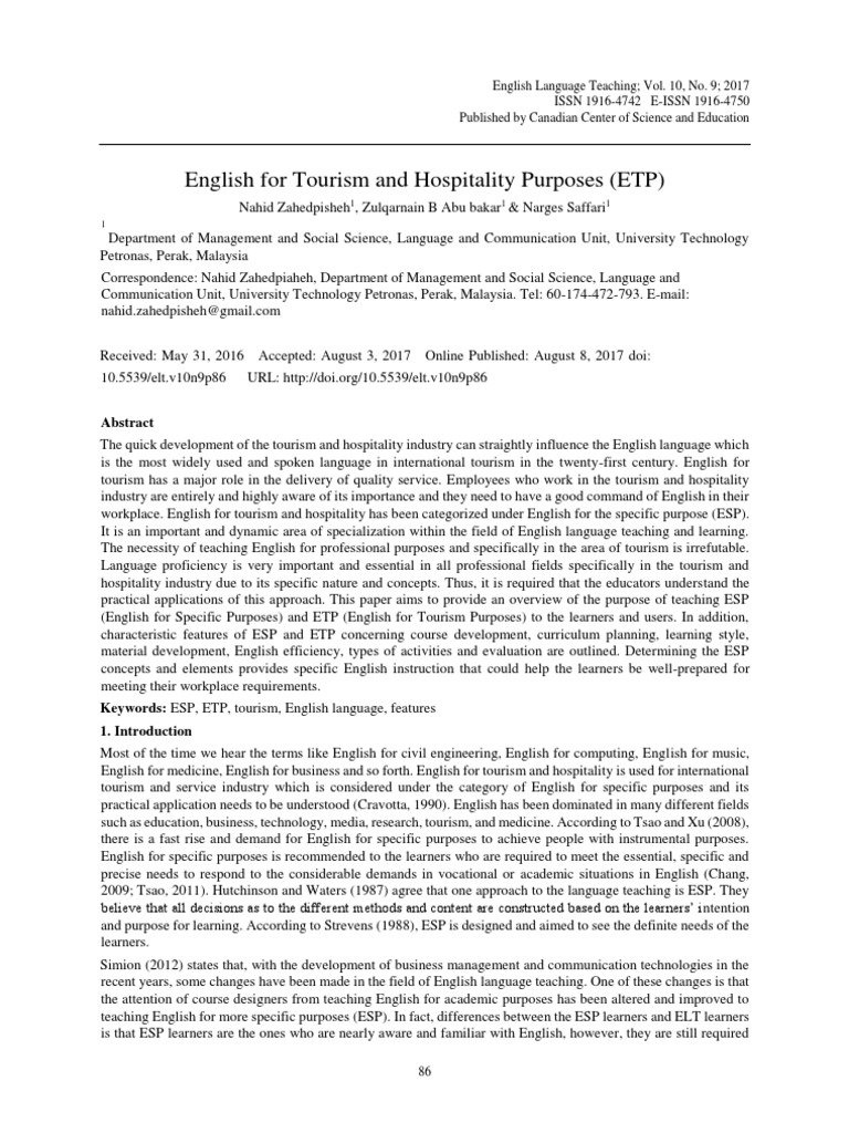 English For Tourism and Hospitality Purposes ETP | PDF | Learning ...