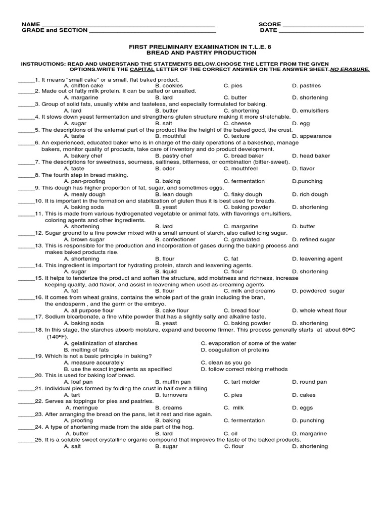 1st PRELIMINARY Examination Bread and Pastry SY 2018 2019 Flour Breads