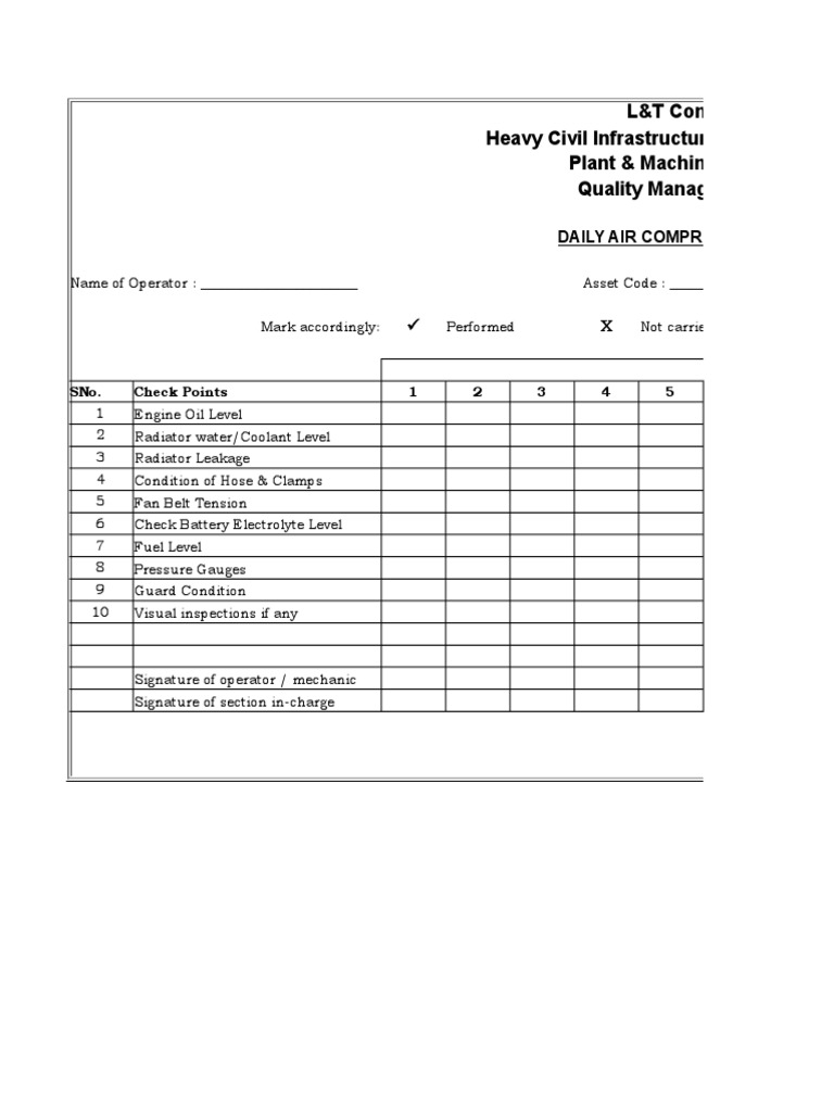 Daily Air Compressor Checklist PDF Radiator Machines