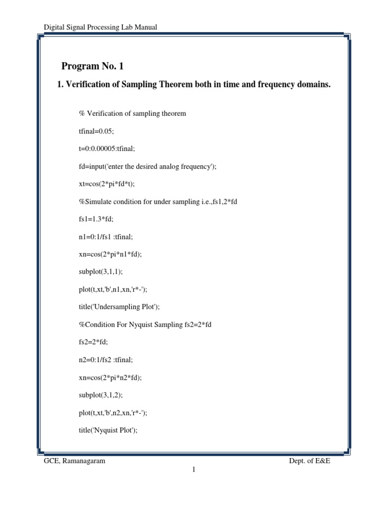 DSP Lab Manual for MATLAB Experiments | PDF | Digital Signal Processing ...
