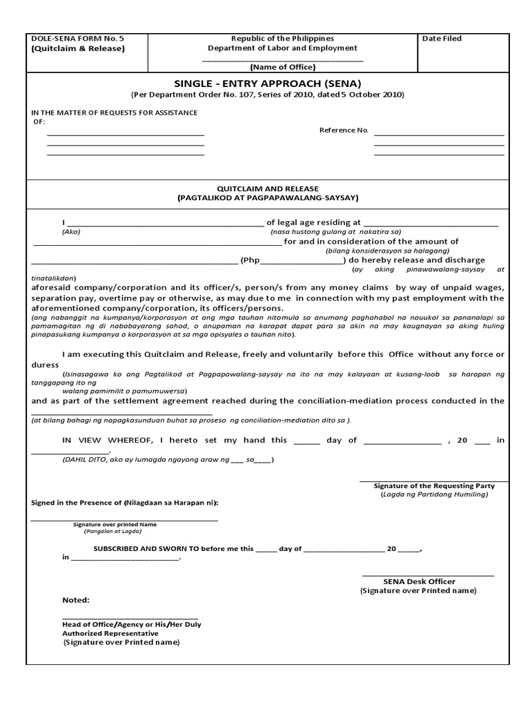 SENA FORM No. 5 Quitclaim and Release PDF Employment Government