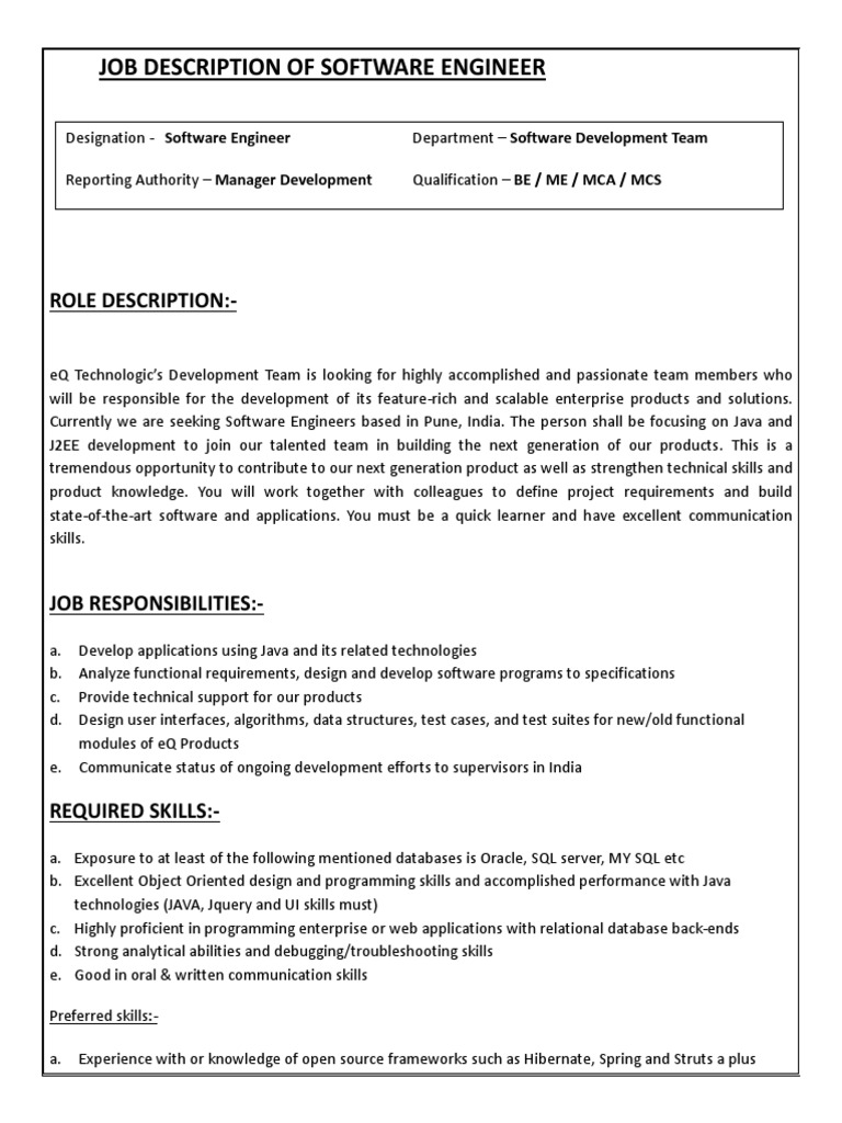 Software Engineer Job Description | PDF | Business | Computers