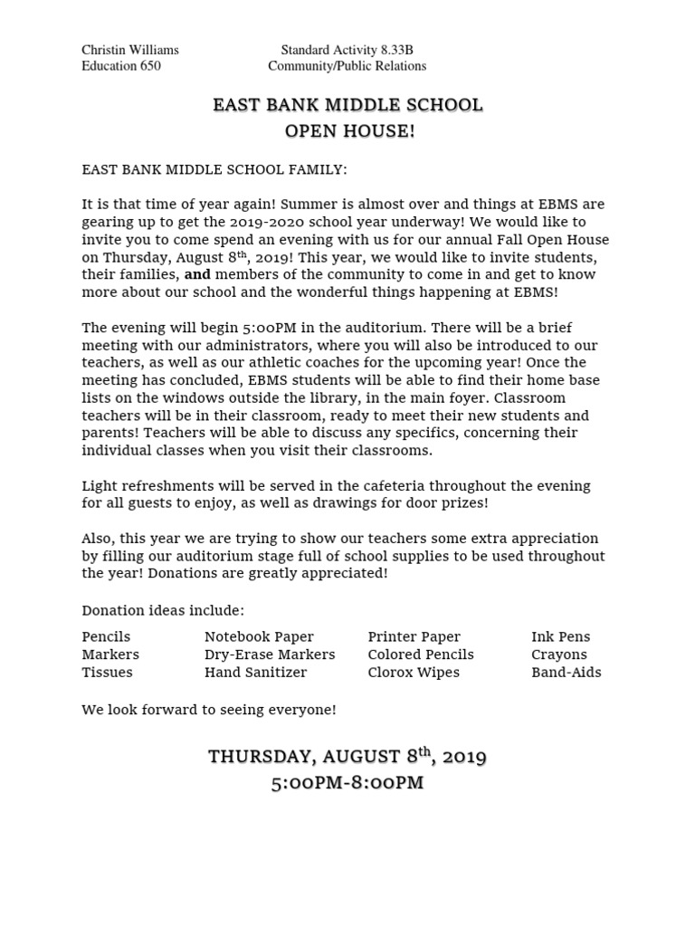 East Bank Middle School Open House! PDF