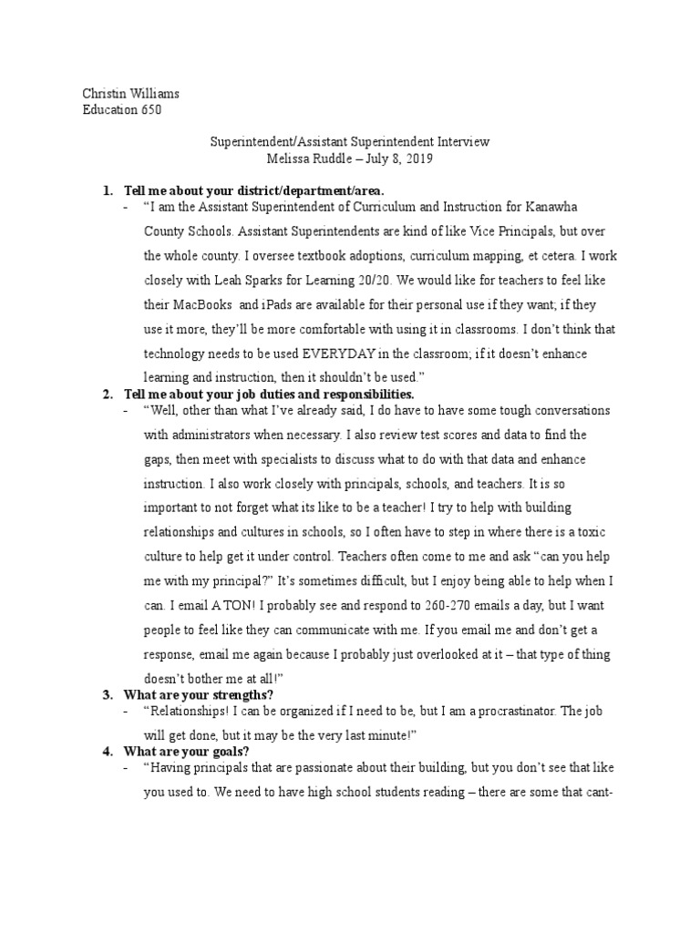 650 Superintendent Interview Pdf Classroom Mentorship