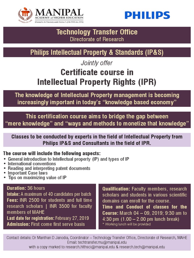IPR Certificate Course at MAHE | PDF | Intellectual Property | Learning