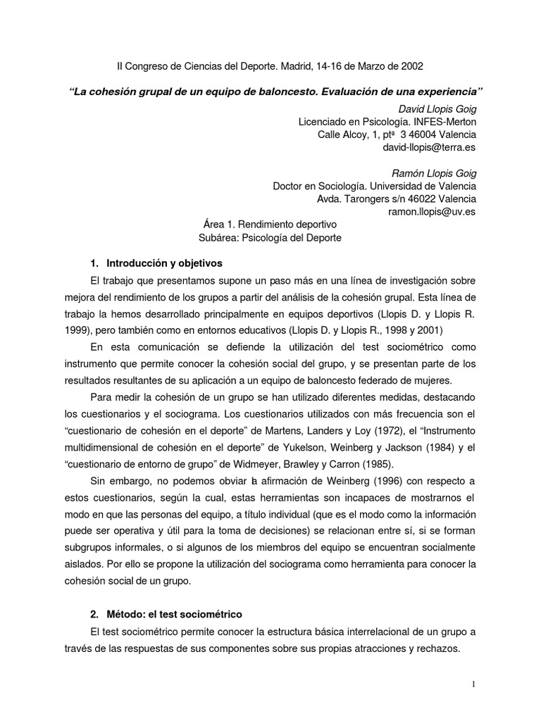 Cohesión Grupal en Baloncesto Femenino | PDF | Cuestionario | Subjetividad