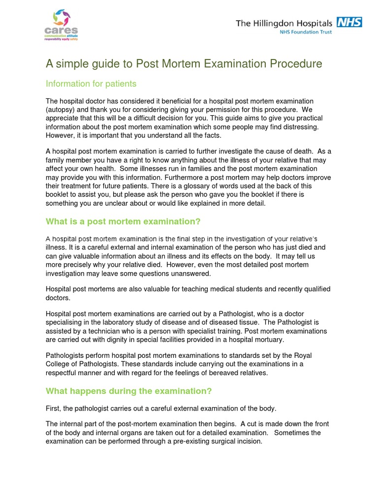 Post Mortem Examination Guide for Families | PDF | Autopsy | Coroner