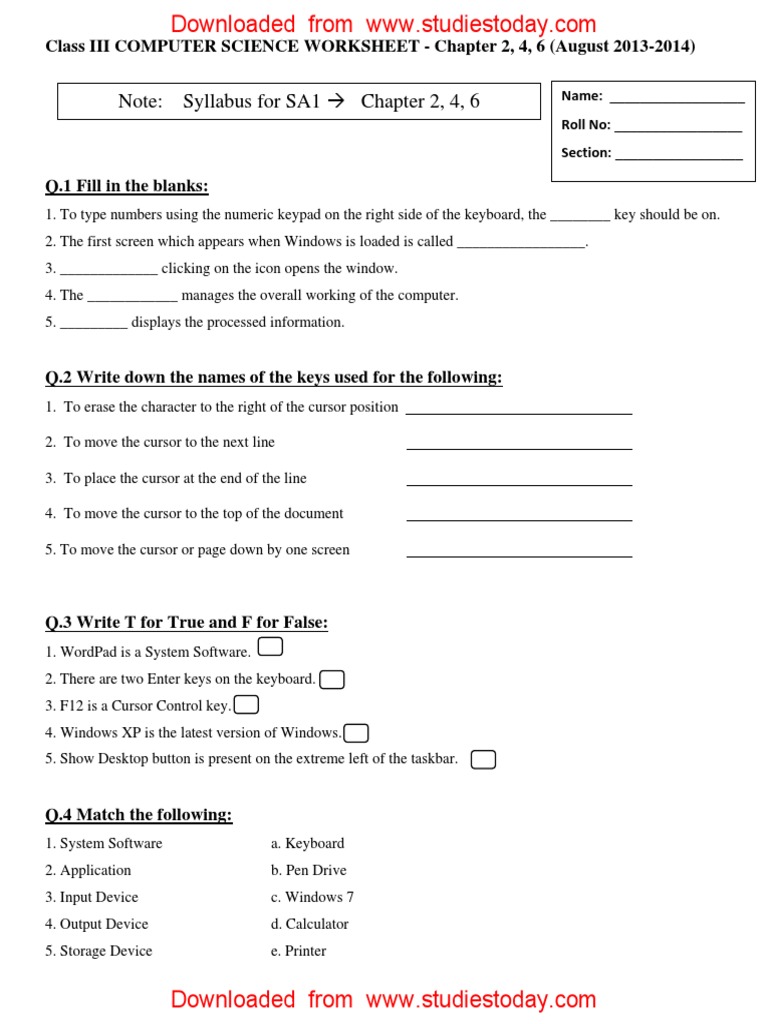 cbse class 3 computer practice worksheet 11 with answers computer