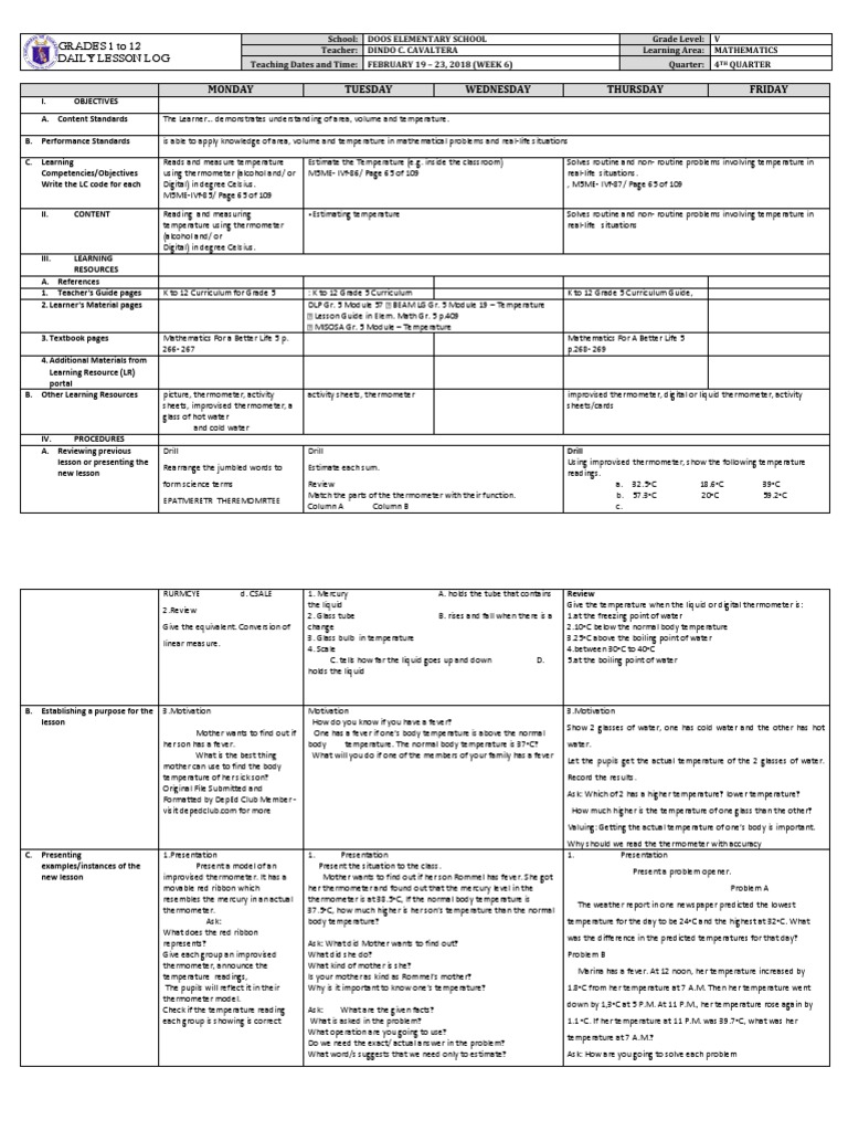 Dll Mathematics 5 Q4 W6 Pdf Thermometer Celsius