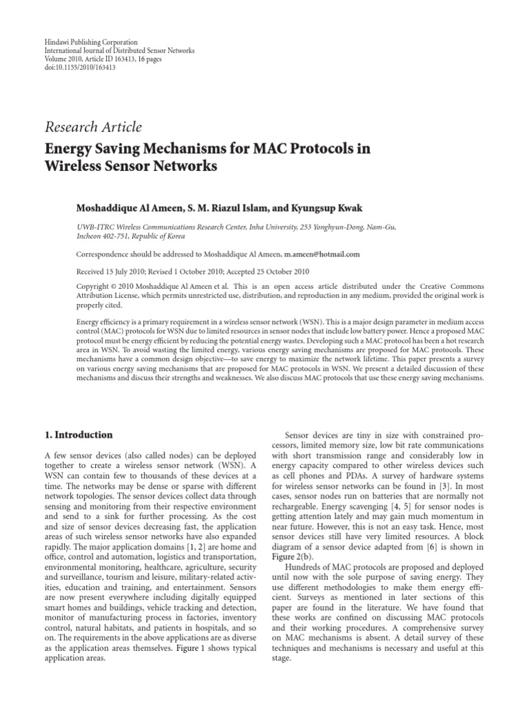 Energy Saving Mechanisms For MAC Protocol | PDF | Wireless Sensor ...