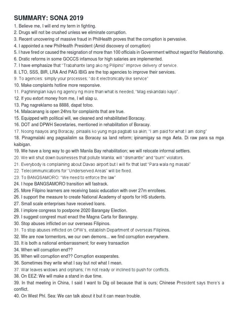 Summary: Sona 2019 | PDF | Rodrigo Duterte | Exclusive Economic Zone