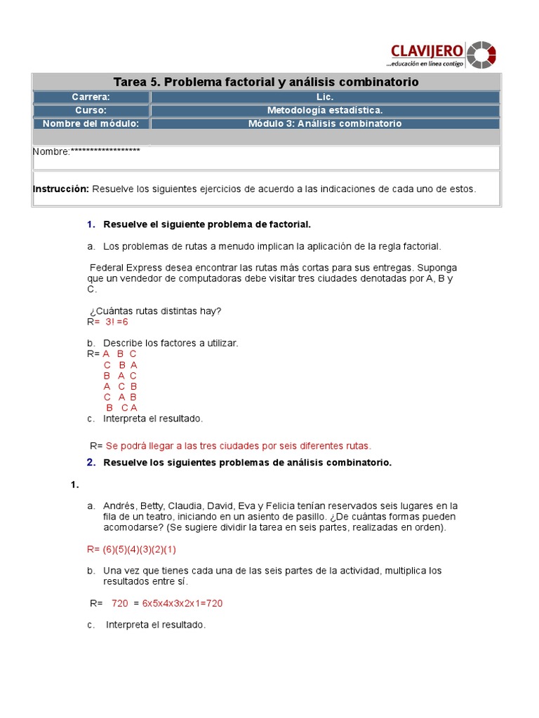 Tarea5 Problema Factorial y Analisis Combinatorio | PDF | Combinatoria ...