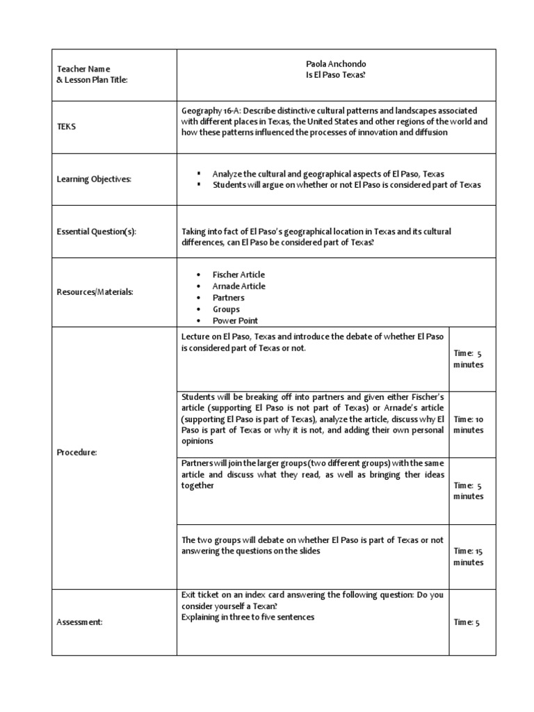 Hist 4330 - Discussed Lesson Plan Template | PDF | Texas | Lesson Plan