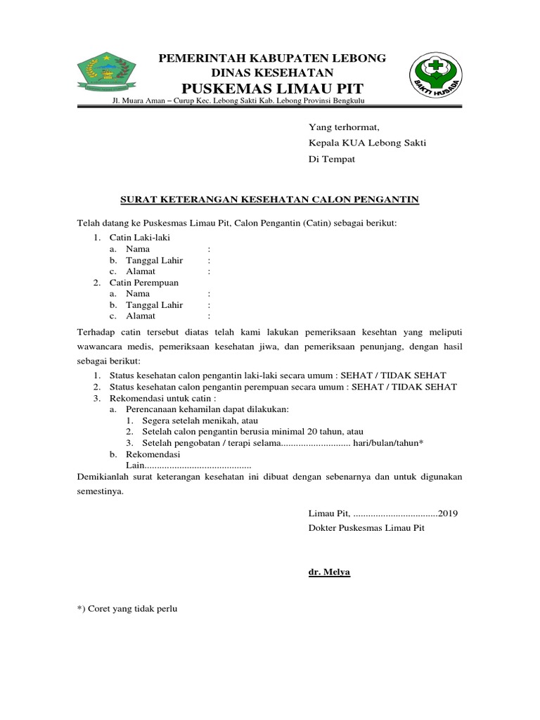 Surat Keterangan Sehat Calon Pengantin