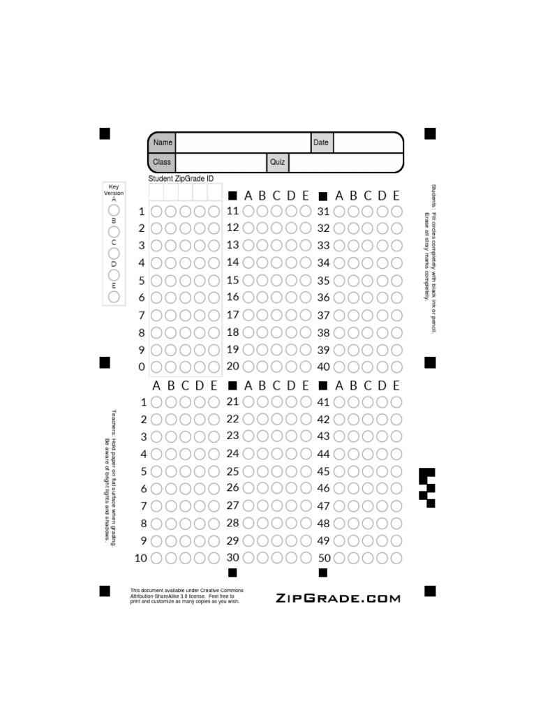 Student Quiz Answer Sheet Template | PDF