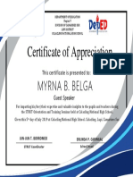 Certificate of Appreciation for Guest Speaker Myrna B. Belga