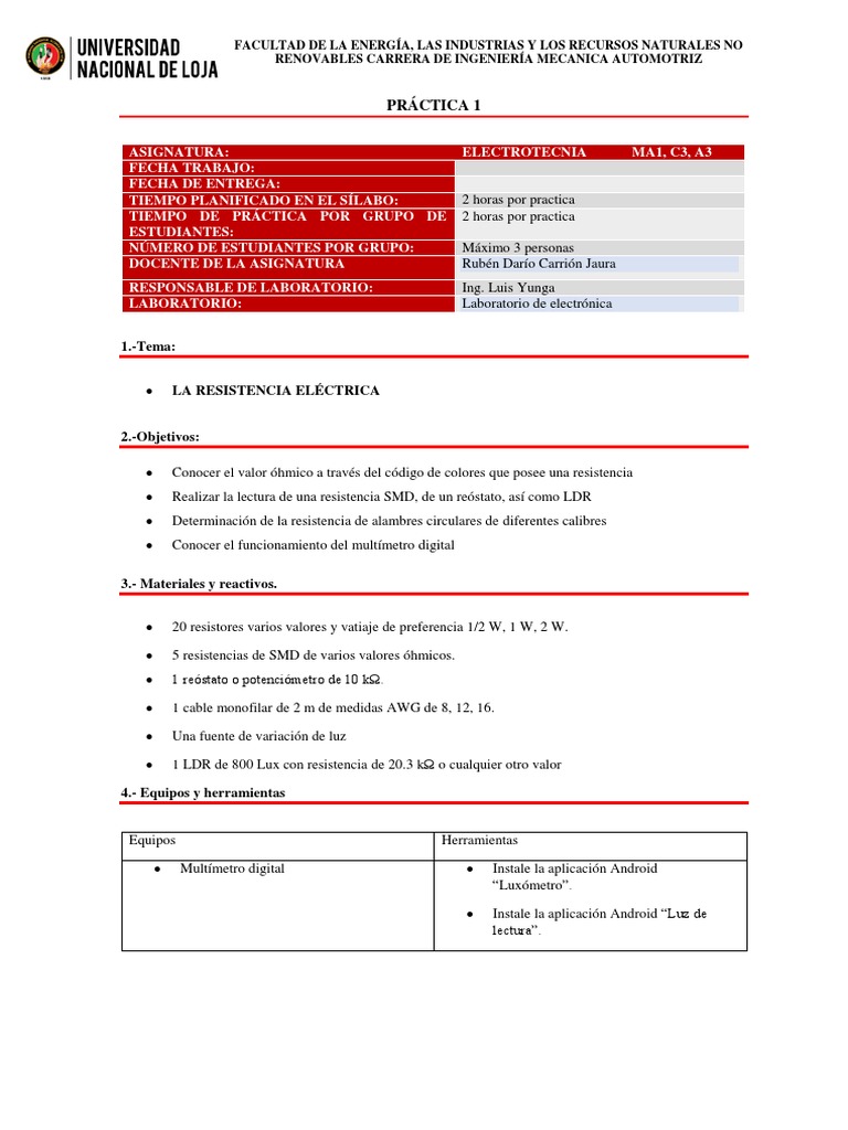 Practica de Resistencia Eléctrica | PDF | Resistencia Eléctrica y ...