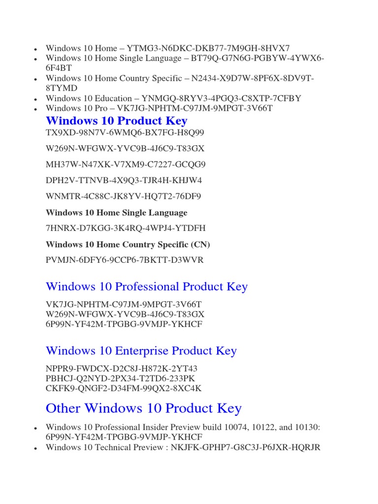 Windows 10 Product Keys List | PDF