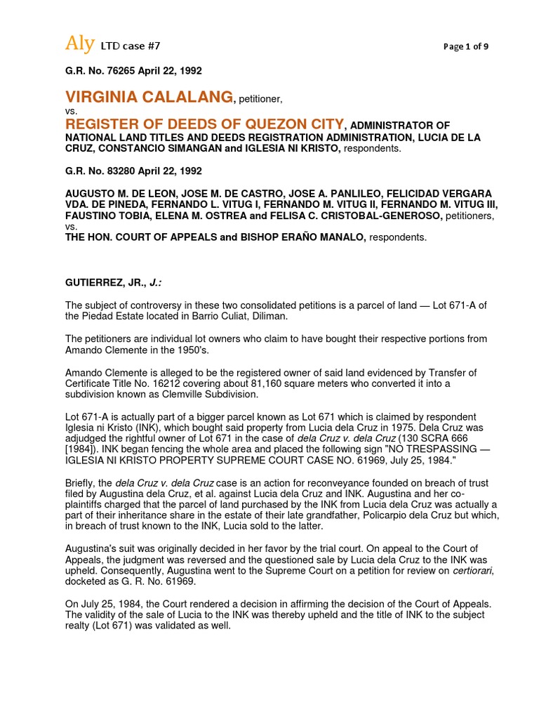 Virginia Calalang Register of Deeds of Quezon City PDF Lawsuit