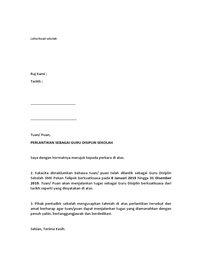 Contoh Surat Lantikan Guru Interim Tfm