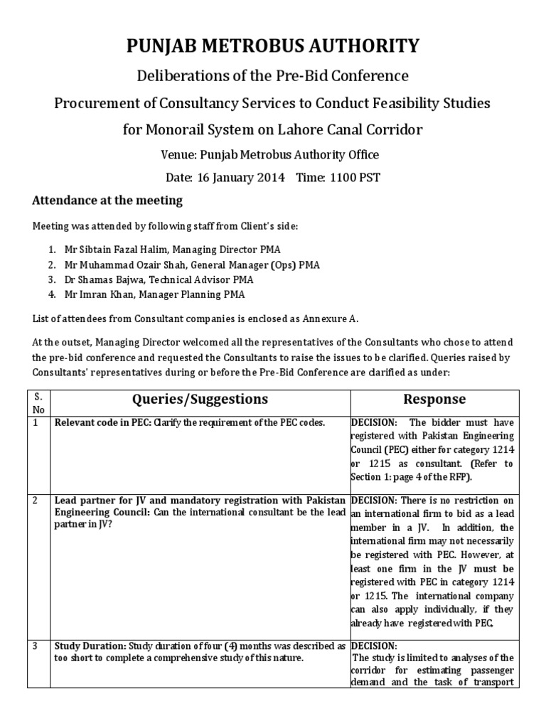 Minutes Of Pre Bid Meeting Procurement Of Consultancy Services To