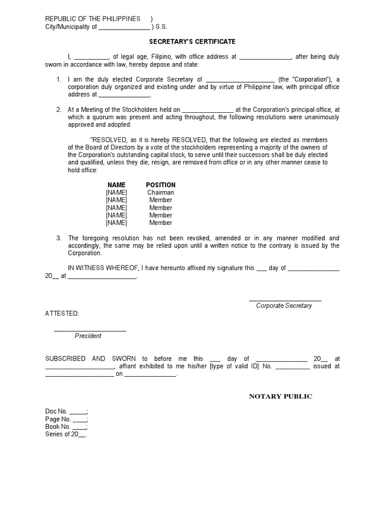 Secretary's Certificate Template Philippines | PDF