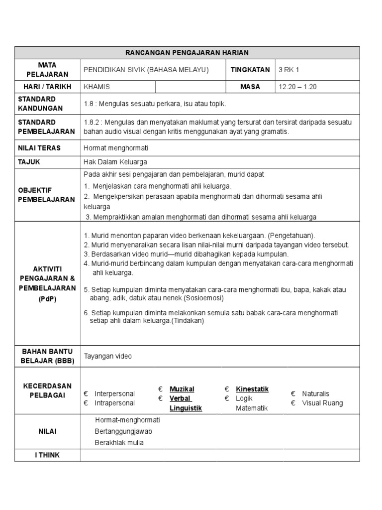 Contoh Rph Bahasa Melayu Kssm Tingkatan 3
