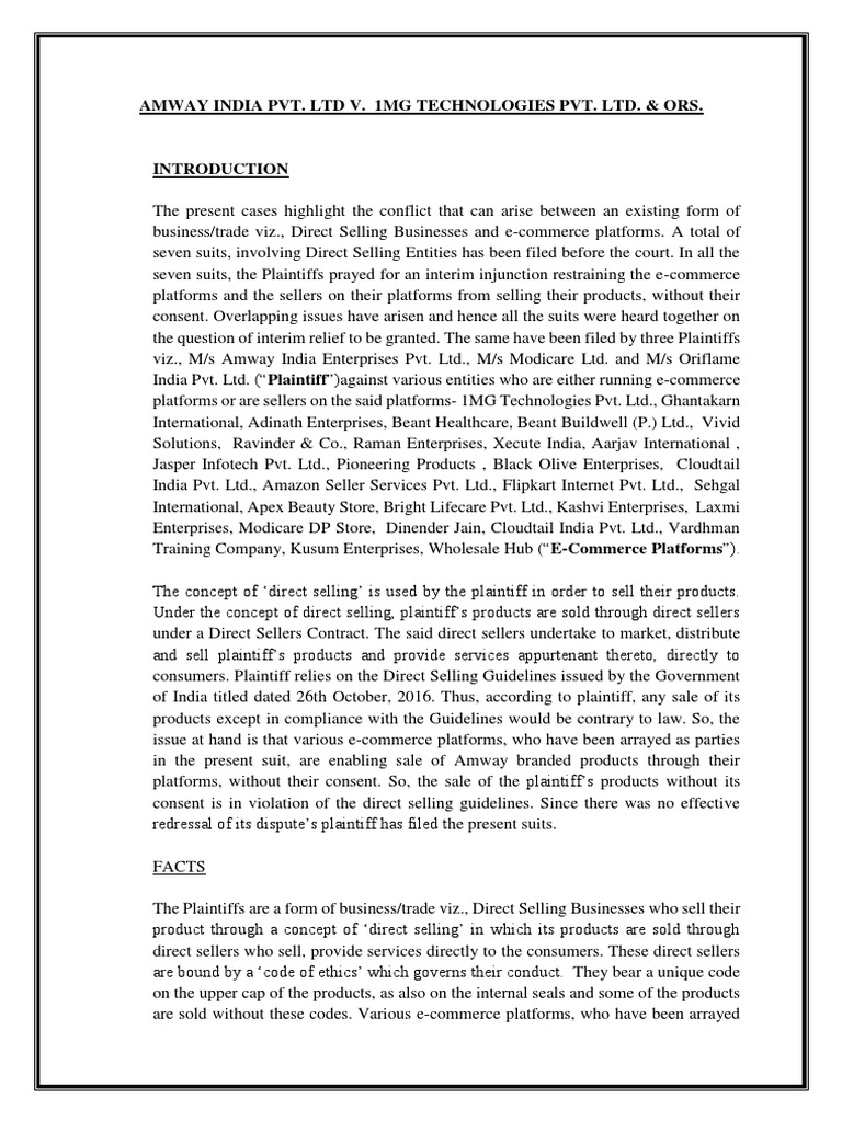 Amway India PVT PDF E Commerce Lawsuit