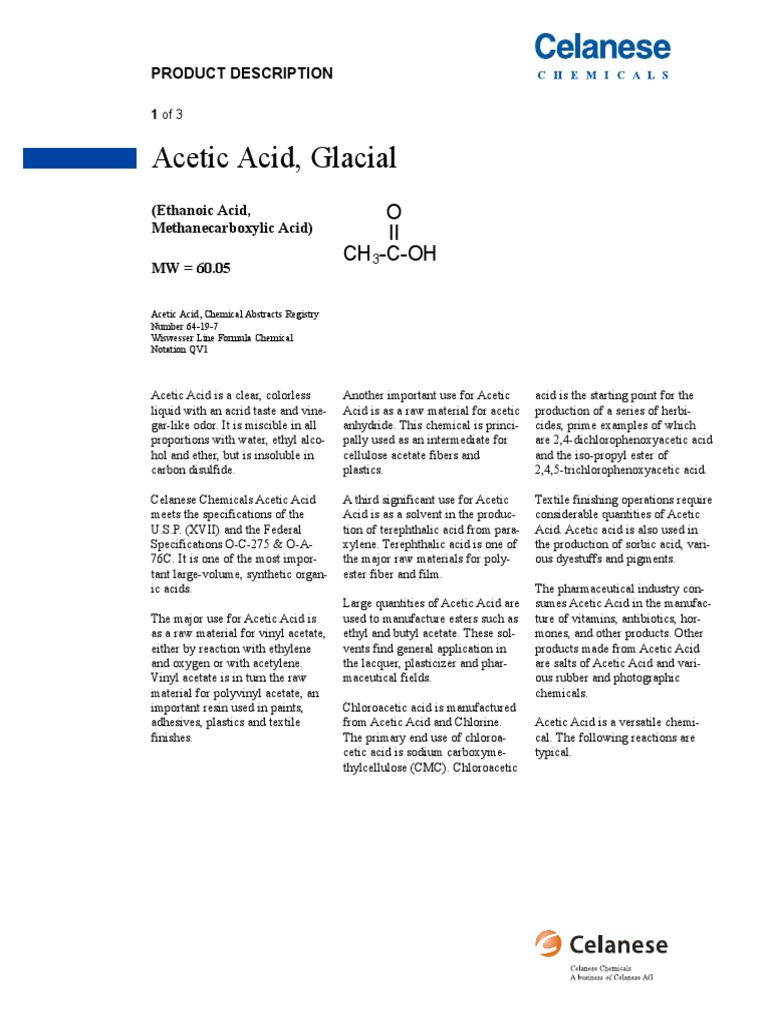 Acetic Acid, Glacial O II CH COH PDF Acetic Acid Solubility