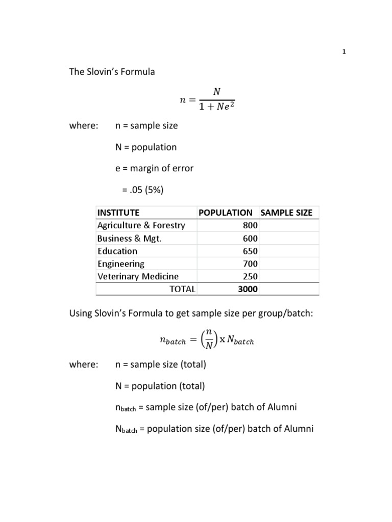 Calculate Sample Size with Slovin’s Formula | PDF