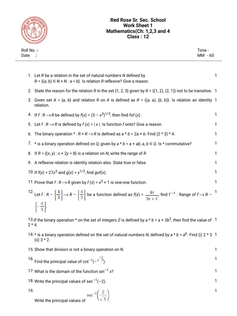 Holiday Work Sheet 1 12th Class Maths | PDF | Determinant | Matrix ...