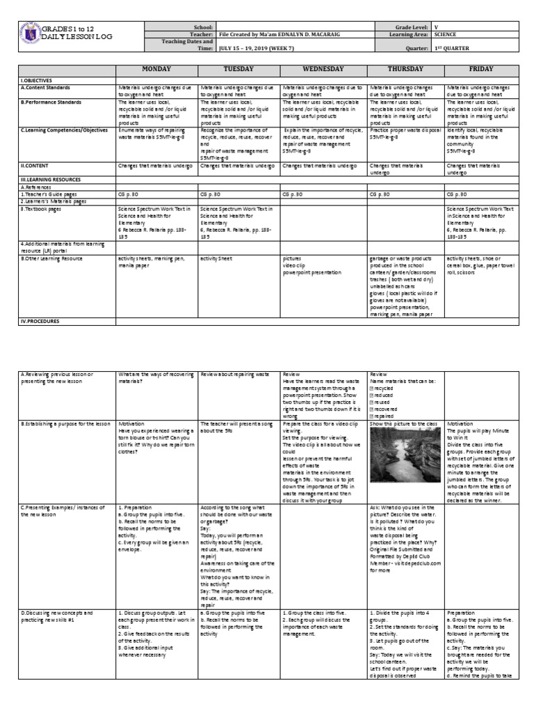 Waste Management and 5Rs Lesson Plan | PDF | Waste Management | Reuse