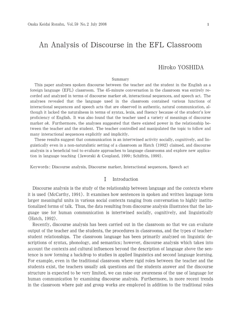 An Analysis Of Discourse In The Efl Classroom Pdf Question Discourse