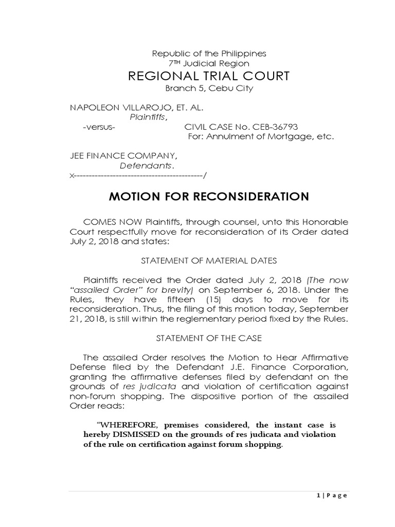 Motion For Reconsideration PDF Res Judicata Mortgage Law
